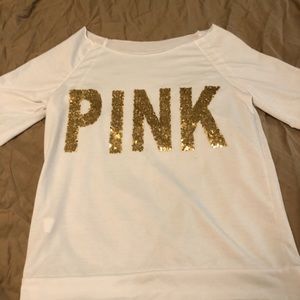 VS”Pink” off the shoulder thin sweatshirt new& Gold glittered letters